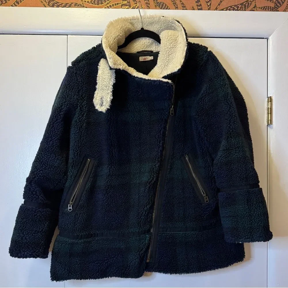 FAHERTY Montana Faux Shearling Plaid Asymmetric Zip Moto Coat Blue Sherpa Medium